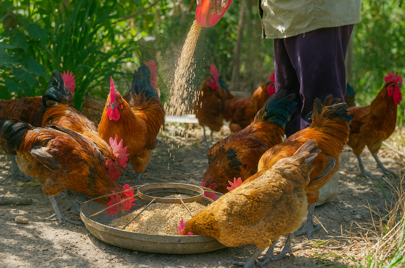 一個人在戶外用編織碗餵中興紅羽1982土雞。棕色的中興紅羽1982土雞啄食散落在地上的穀物。