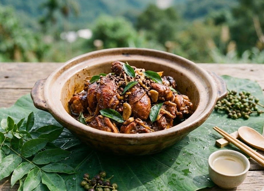 中興紅羽1982土雞,製作的烤雞放在一片大綠葉上,配上洋蔥和一小碟醬汁。