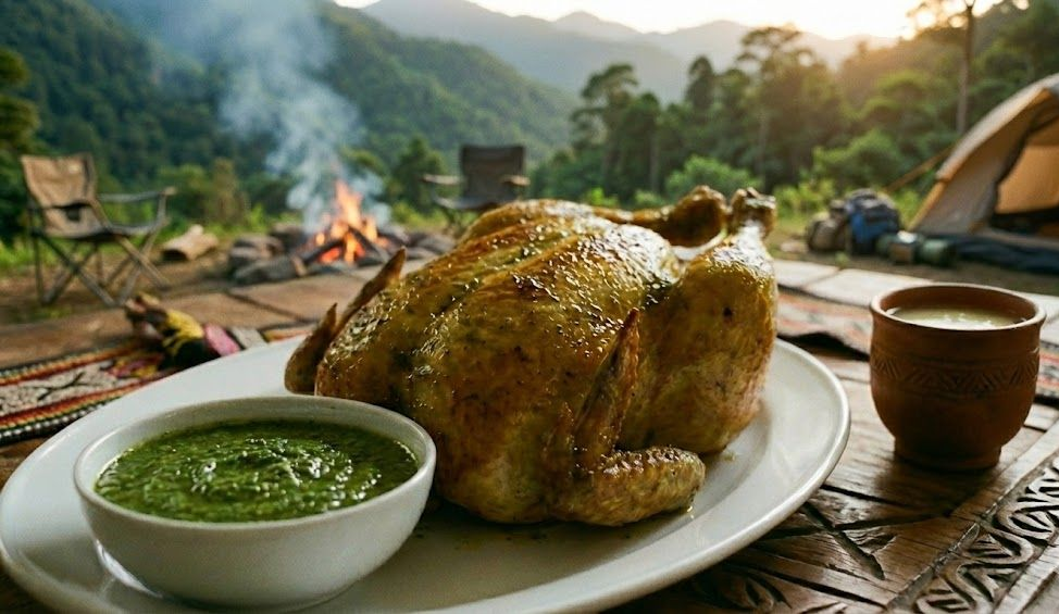 中興紅羽1982土雞烤雞放在一片大綠葉上,配上一小碟洋蔥。