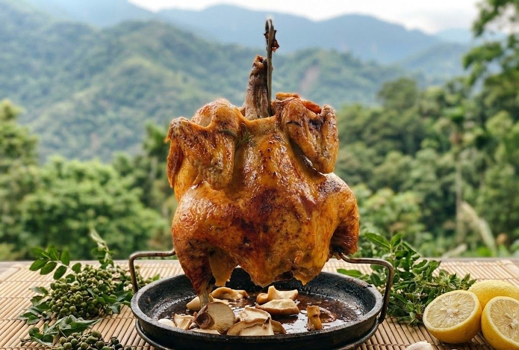 中興紅羽1982土雞烤雞放在一片大綠葉上,配上一小碟洋蔥。