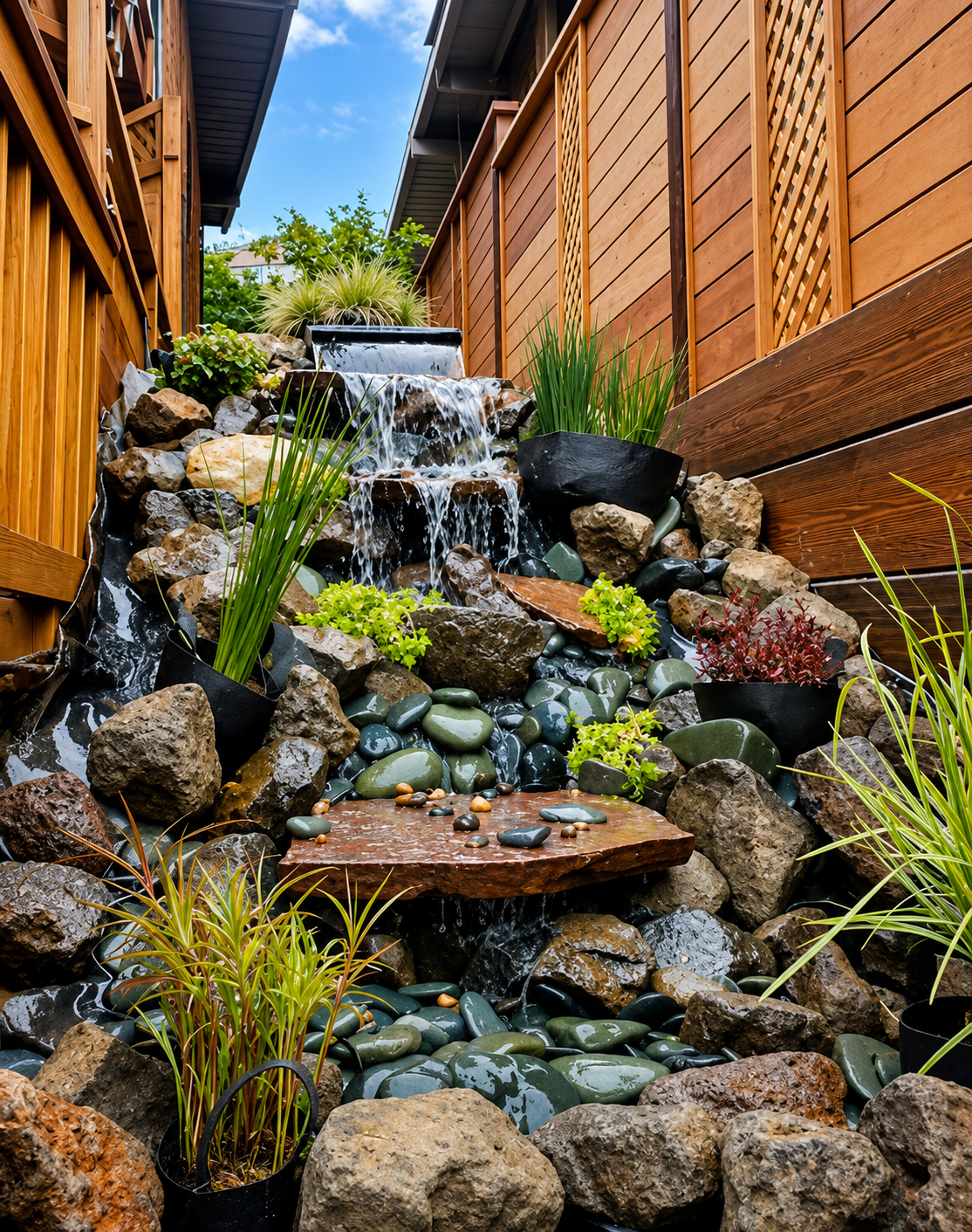 Small waterfall cascading over rocks in a narrow wooden-fenced garden path with plants and stones
