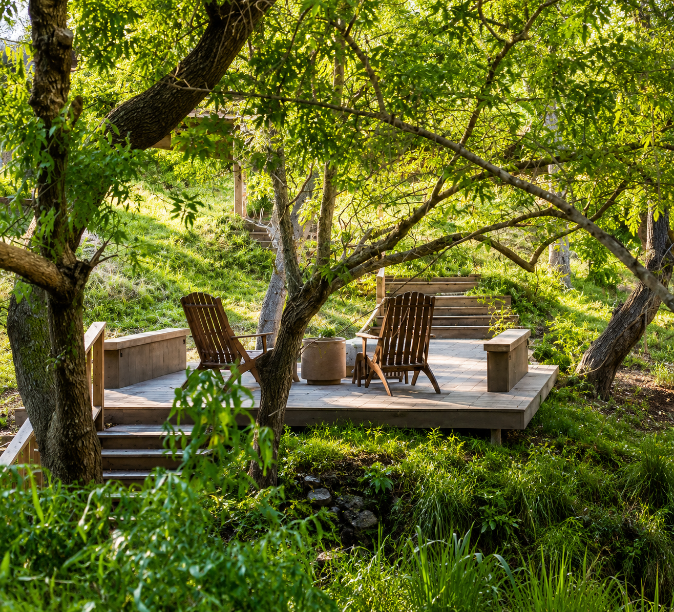 Wooden deck with chairs nestled among lush green trees in a garden setting