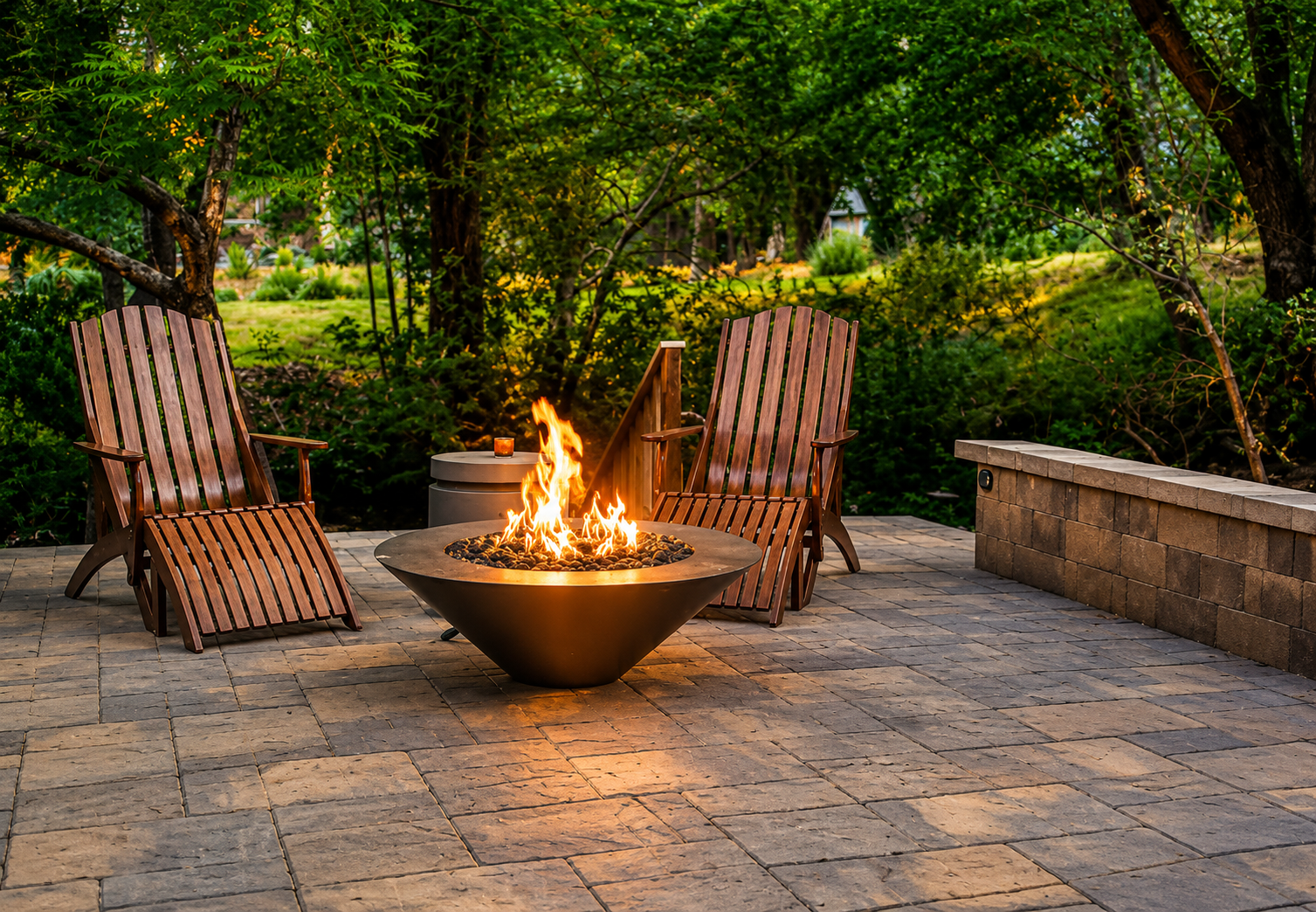 Outdoor stone patio with a fire pit and two wooden chairs surrounded by trees and greenery Outdoor stone patio with a fire pit and two wooden chairs surrounded by trees and greenery