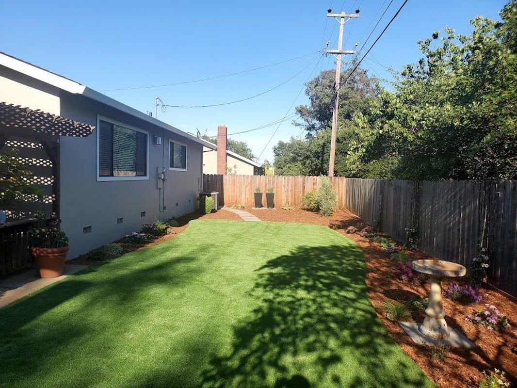 Narrow grassy backyard beside a house, with a wooden fence, trees, and bright sunlight.