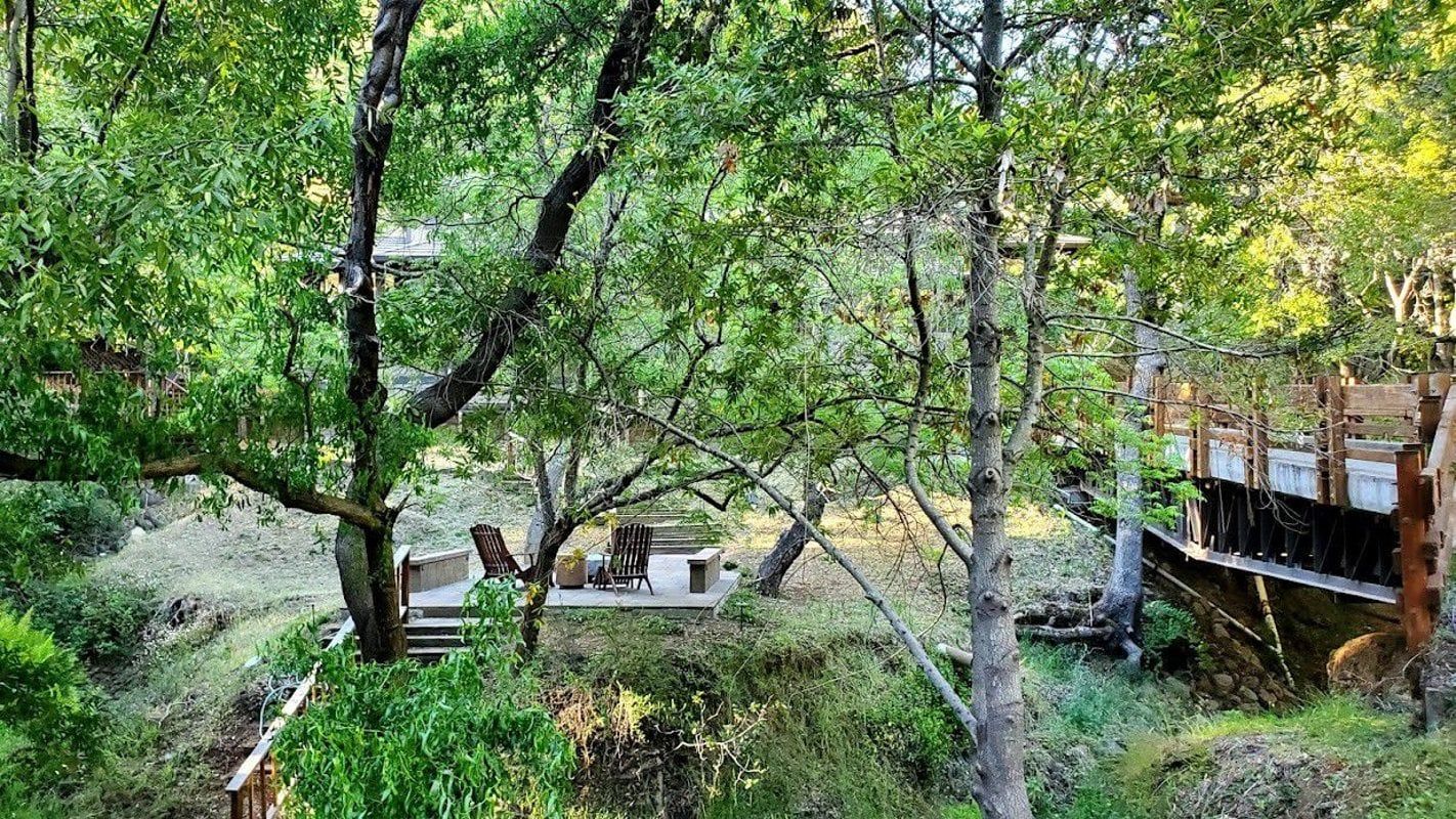 Wooded riverside scene with green trees, a small bridge, and a creek flowing through the center