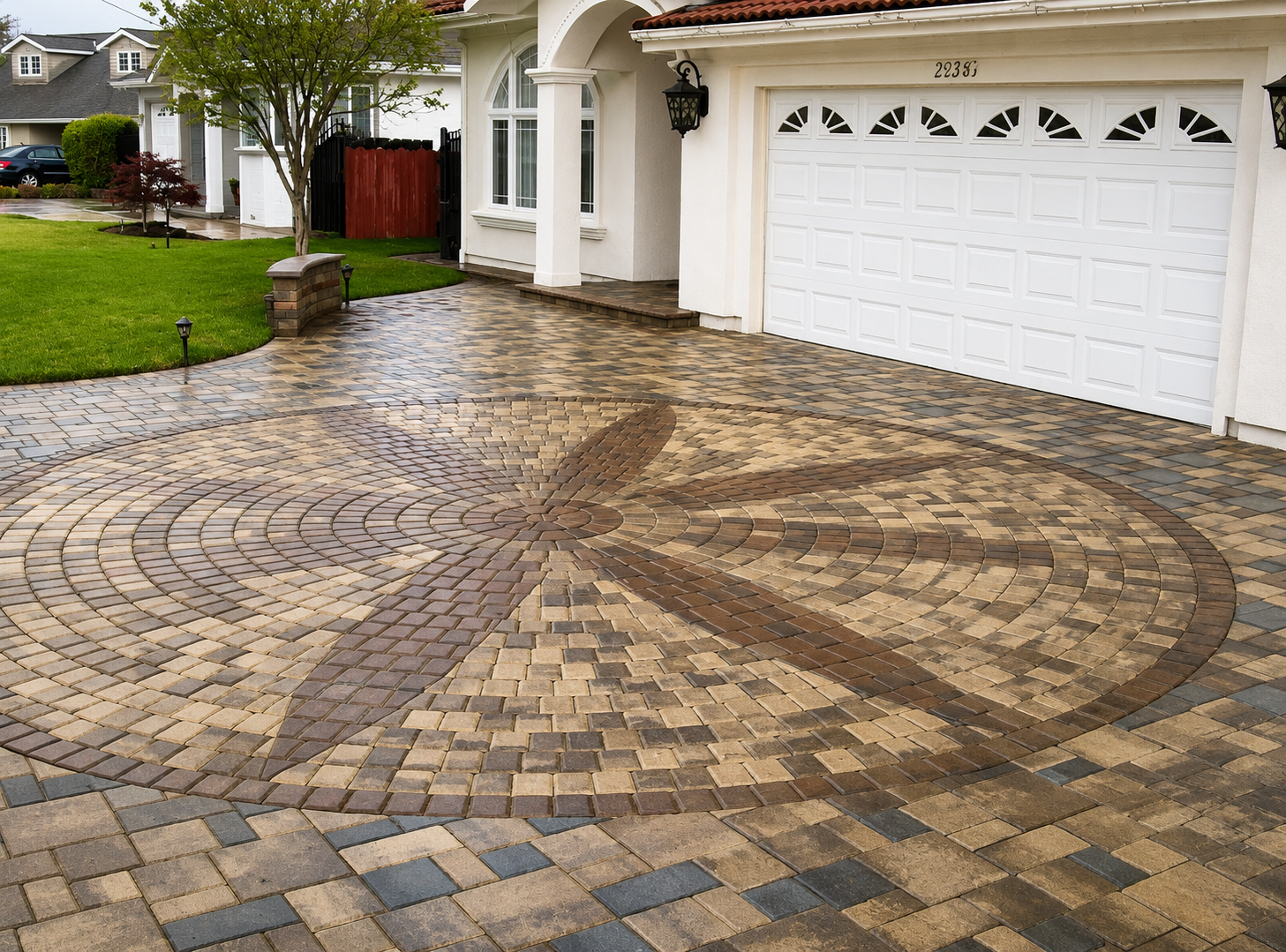 Stone-patterned driveway with a large circular mosaic design in front of a white garage.