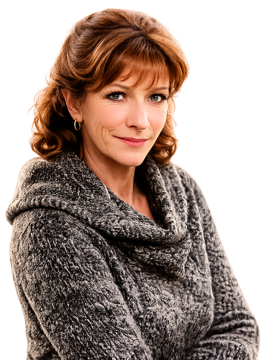 Woman with auburn hair wearing a gray sweater.