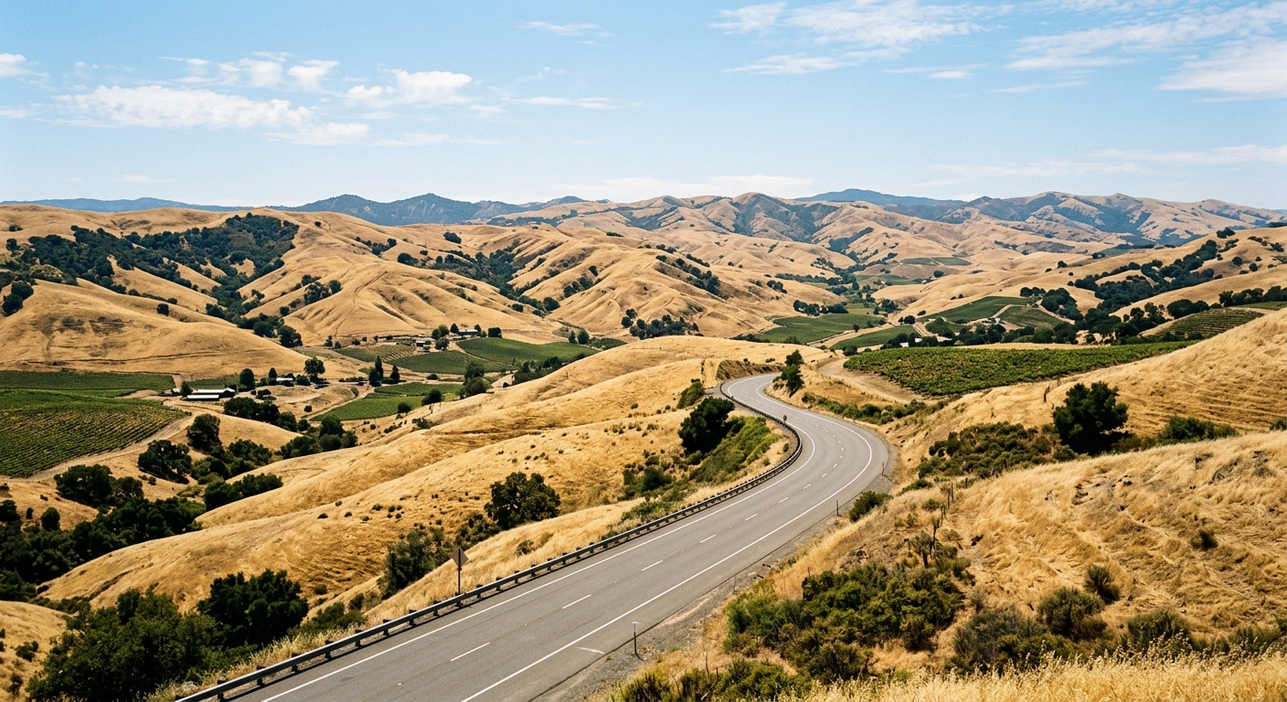 Two-lane road through dry golden hills near Livermore California on a clear afternoon with sparse traffic