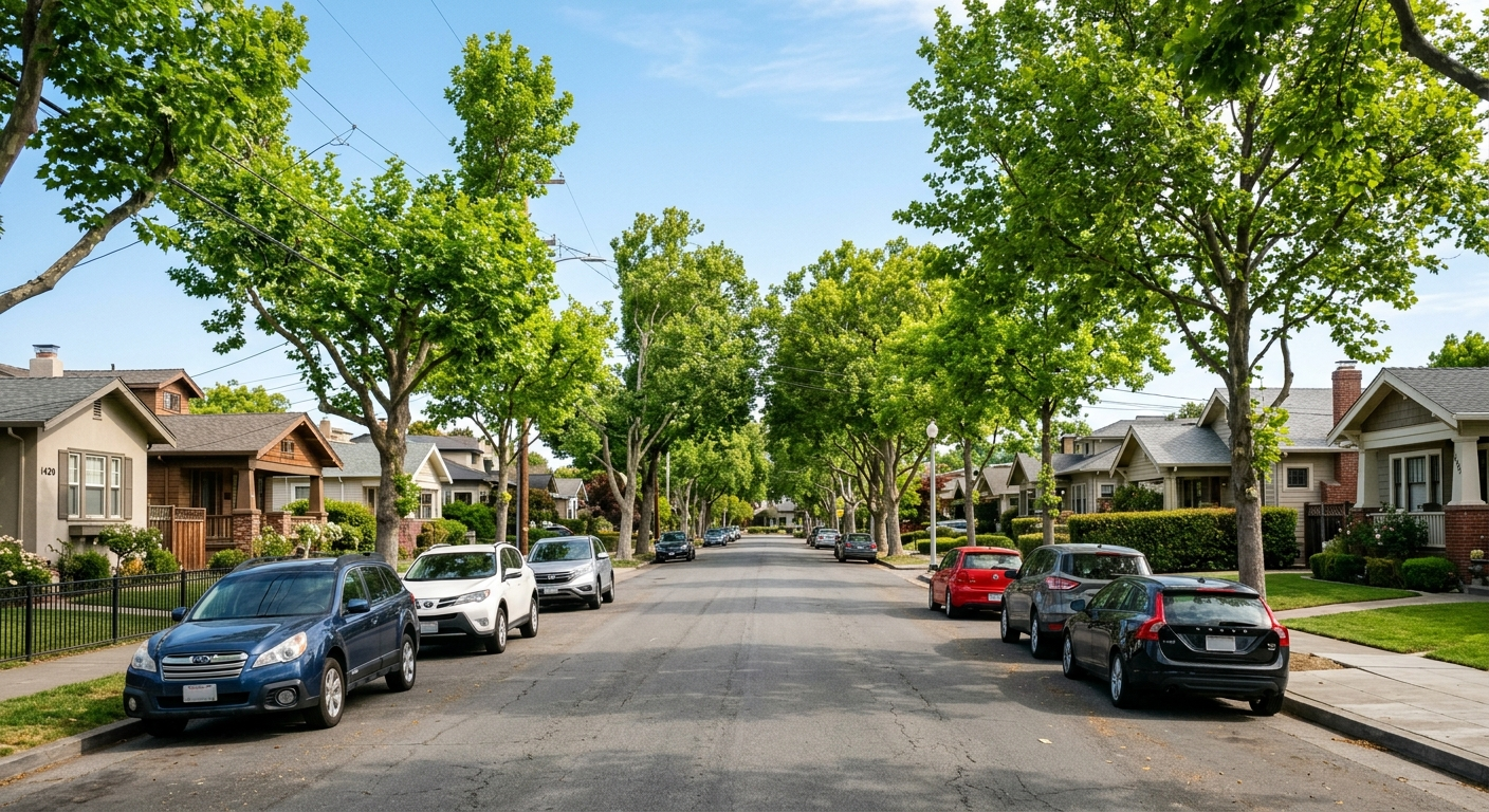 Driver's view of a sun-lit suburban California road lined with oak trees near a Tri-Valley neighborhood
