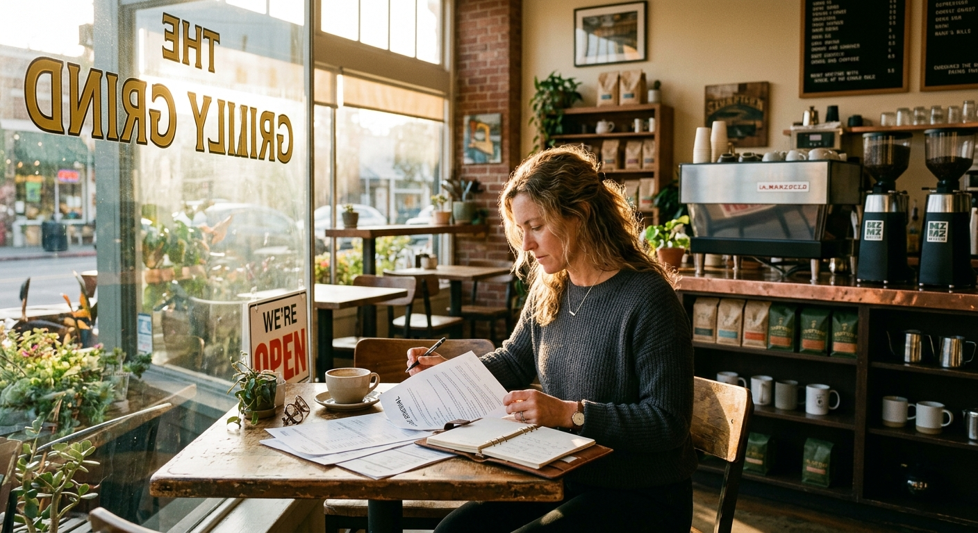 Small business owner reviewing insurance documents at a desk inside a California retail shop