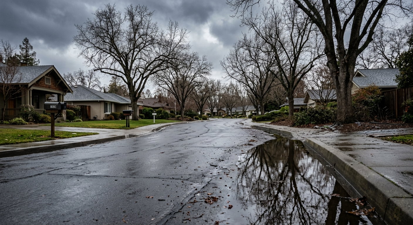 A flooded residential street in a California suburb with water covering driveways and lawns after a heavy rainstorm