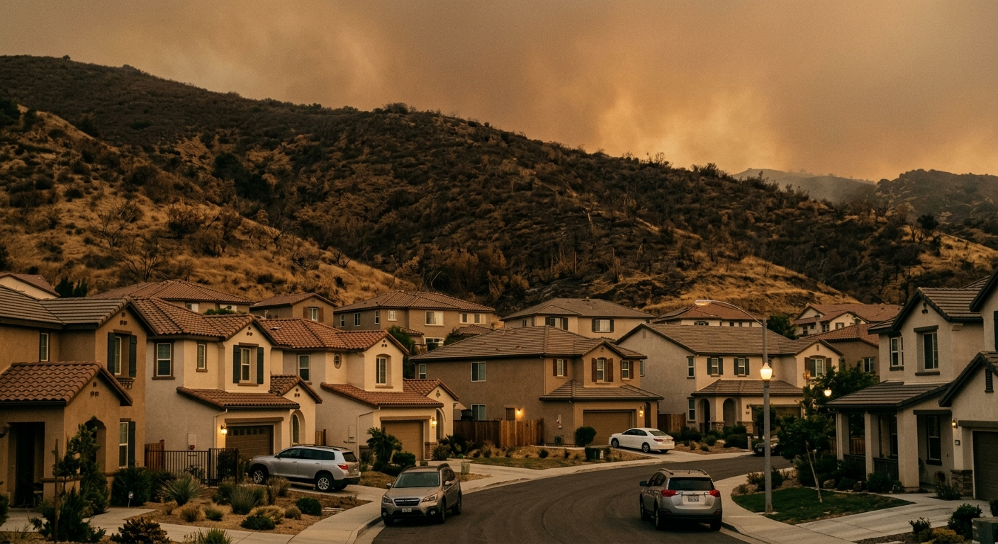 Aerial view of a California hillside neighborhood with dry golden grass and smoke visible in the distance during fire season