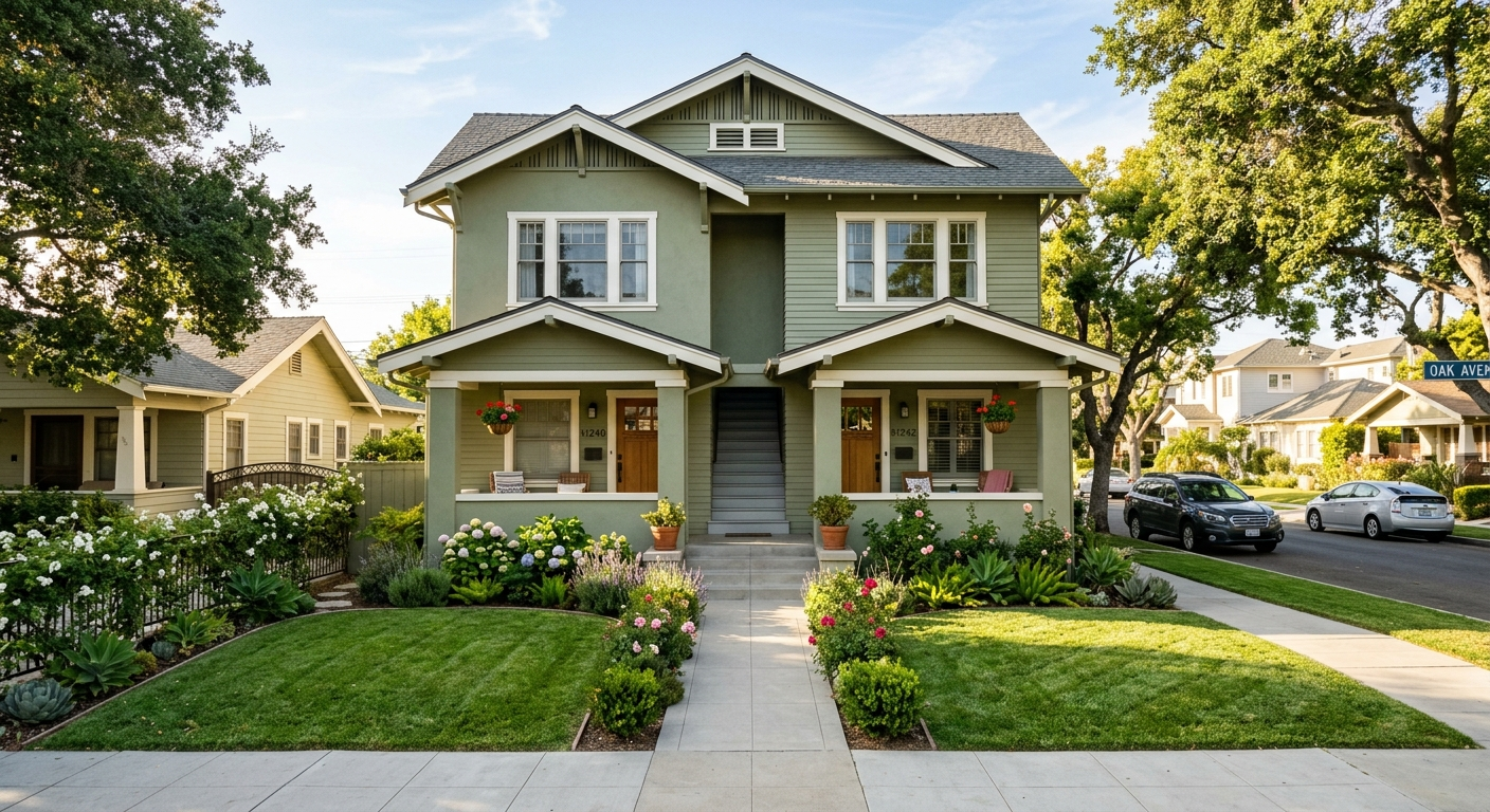 Row of California rental homes on a sunny street in the East Bay with a for rent sign in front yard