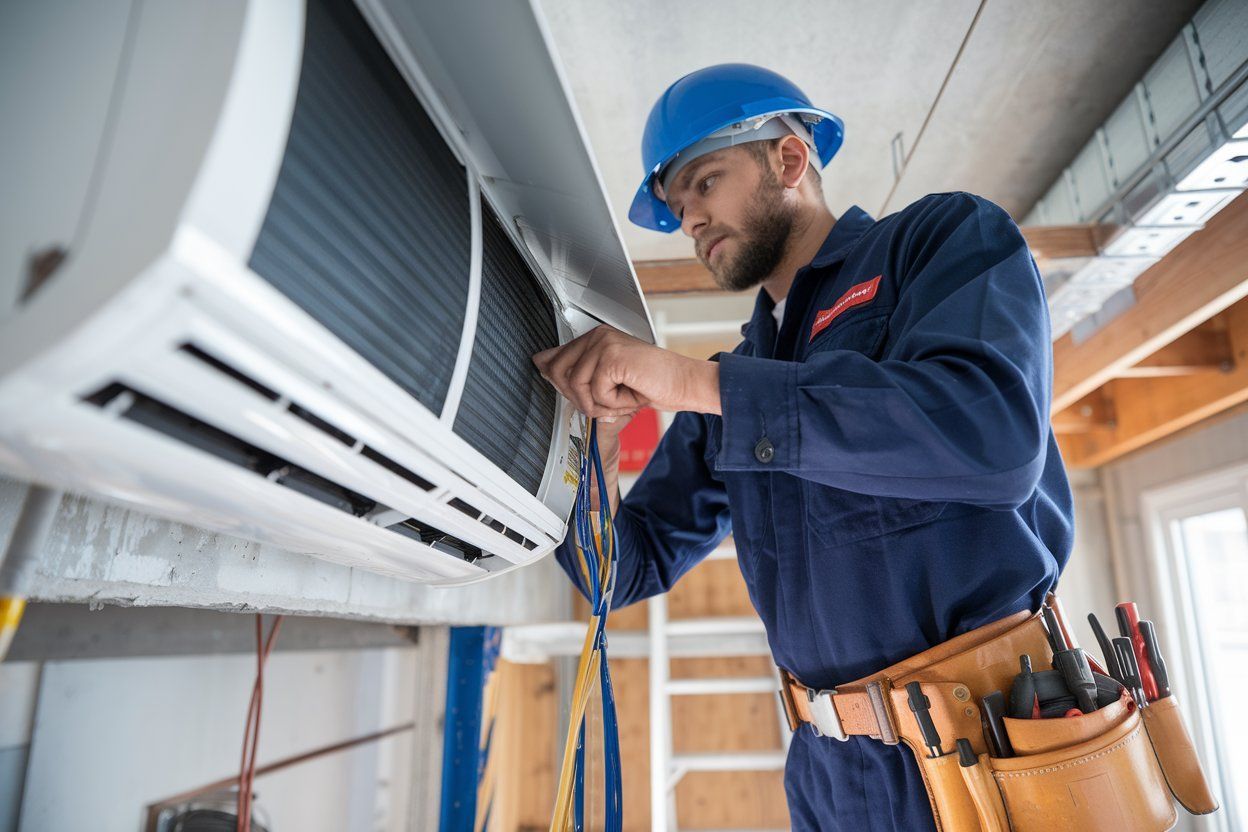 A man is working on an air conditioner in a room.