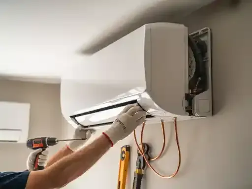 Person installing a white split-system air conditioner on a wall using a screwdriver.