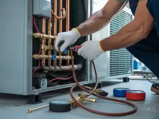 Person in gloves repairing HVAC system with gauges and copper tubing.