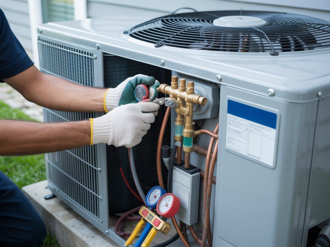 Person wearing gloves servicing an air conditioning unit outside, using gauges.