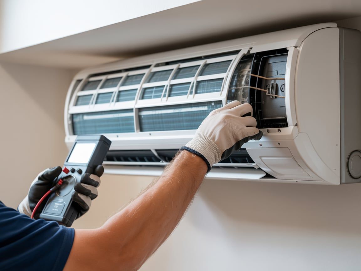 Technician inspects air conditioner unit, using a multimeter and gloves, indoors.