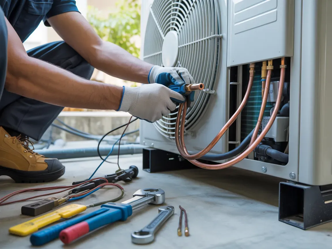 HVAC technician repairing an outdoor air conditioning unit with tools and copper tubing.