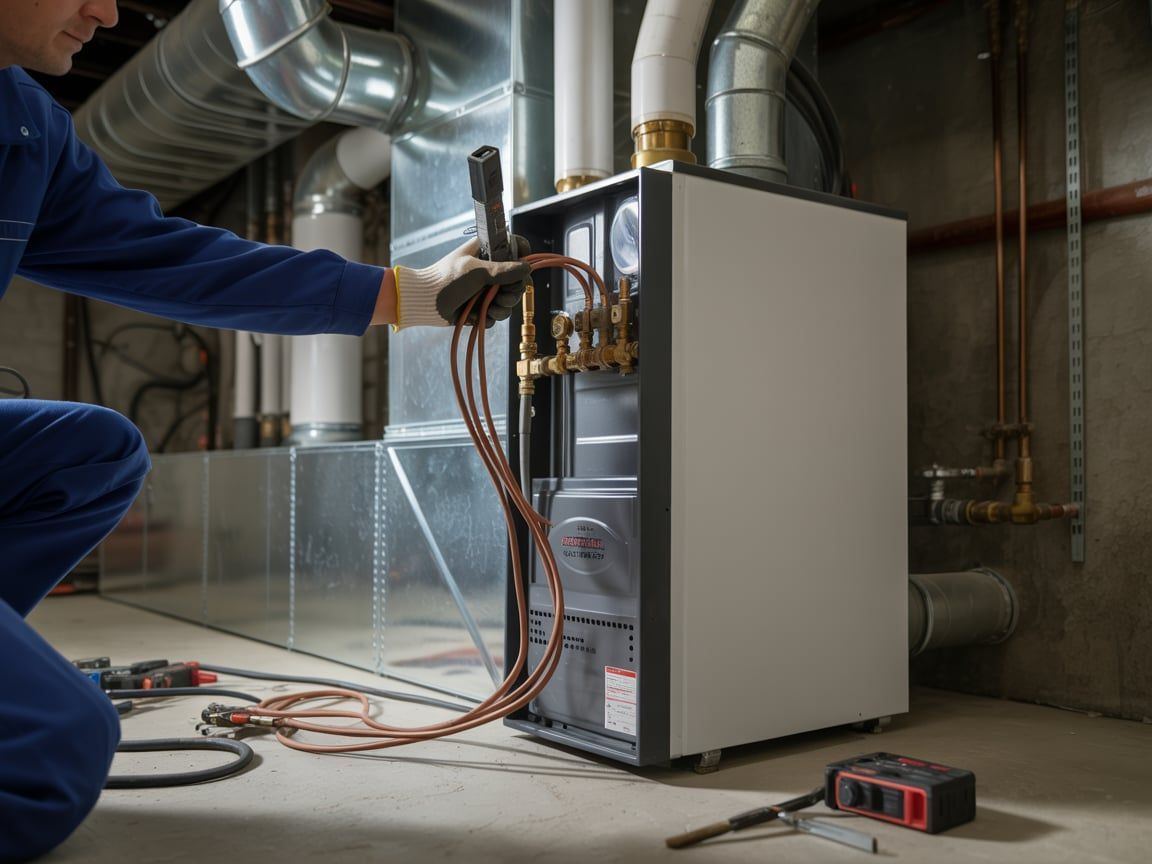 Technician inspecting furnace in basement, using a flashlight and tools.