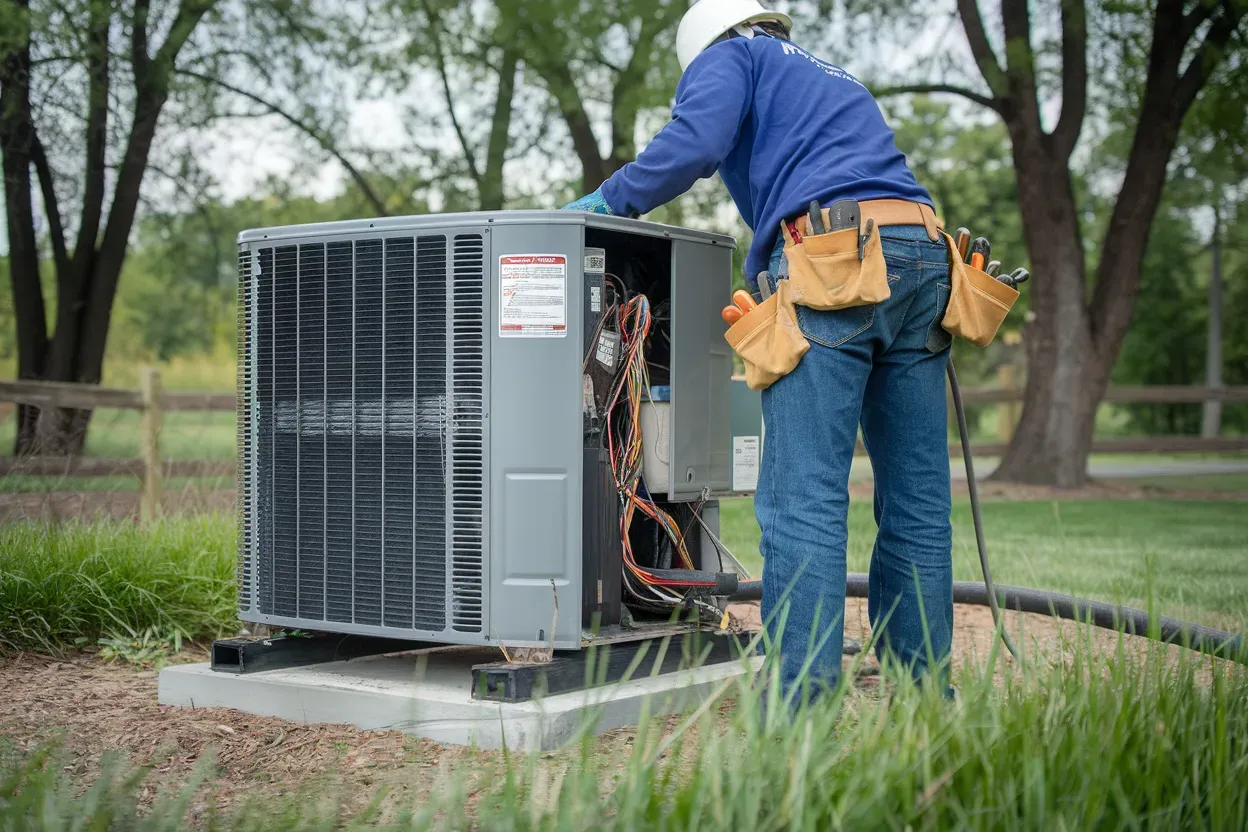 a man is fixing an air conditioner with a multimeter .