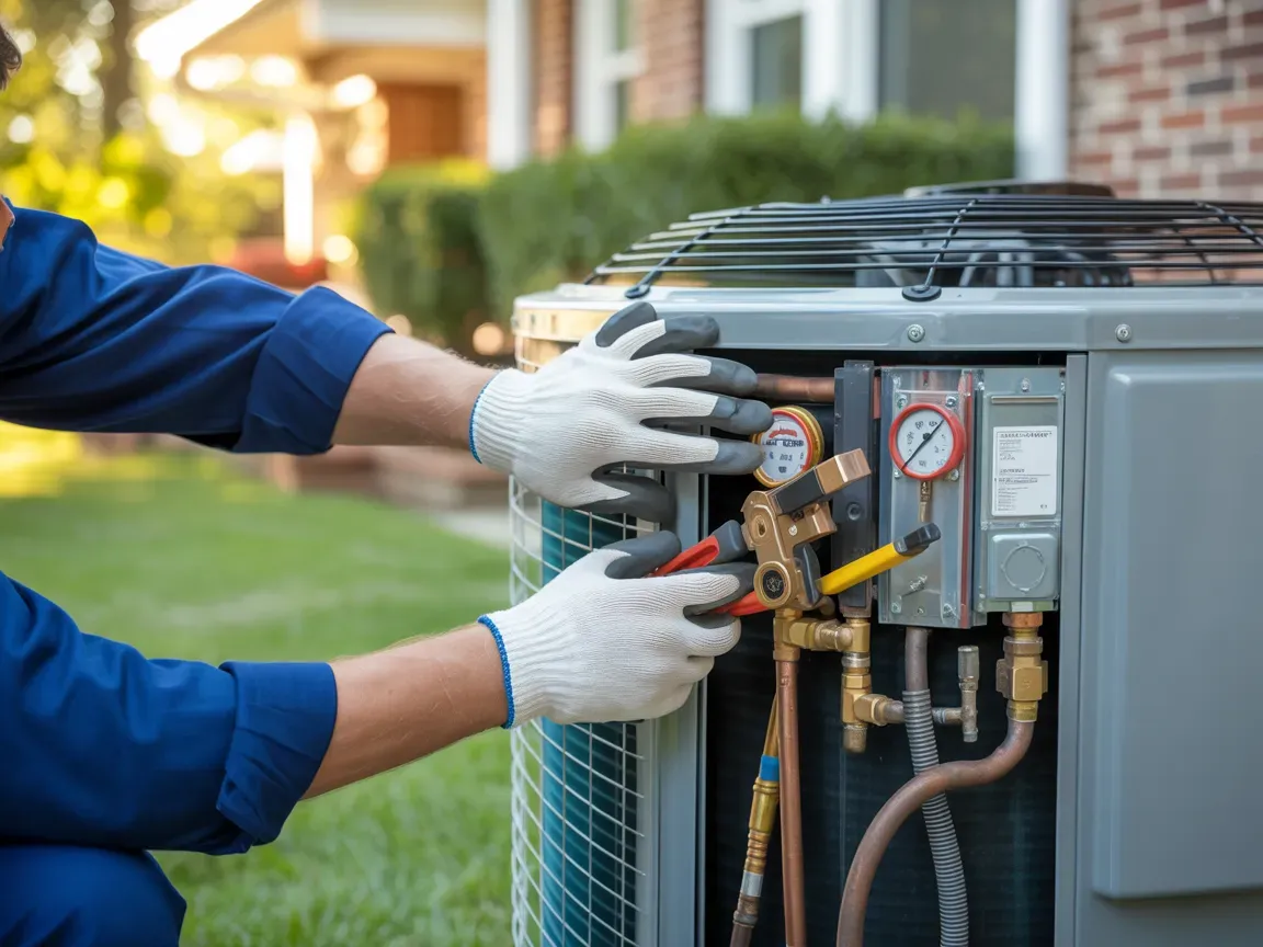 HVAC technician in blue suit using tools to service an air conditioning unit outside a house.