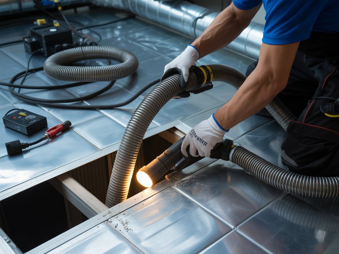 Person cleaning ductwork with vacuum hose and flashlight.