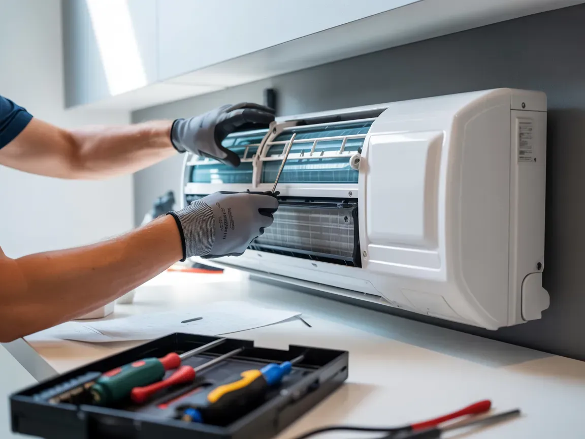 Person in gloves cleaning an air conditioner filter with tools nearby. White unit on a wall.