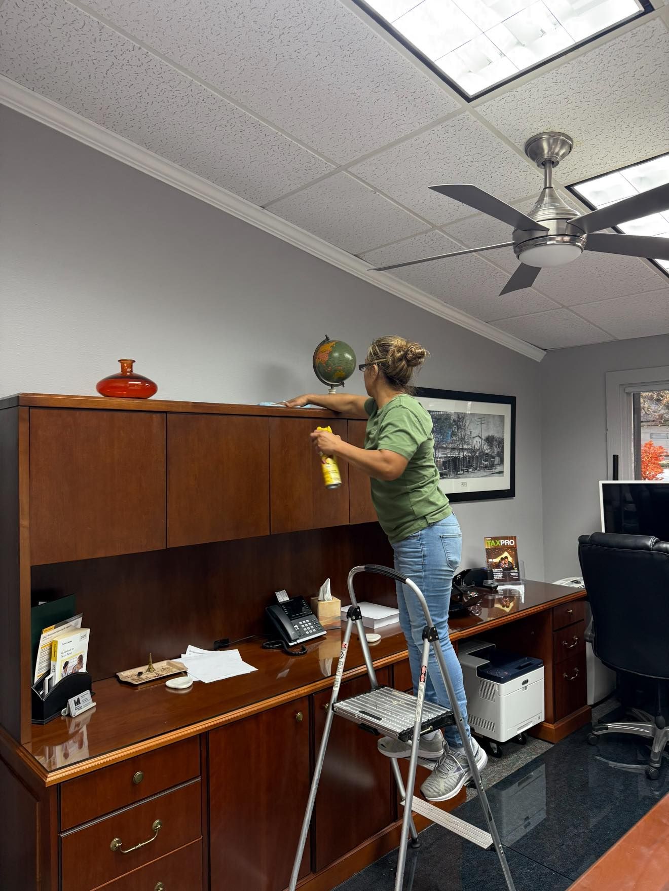 A woman is standing on a ladder cleaning a cabinet in an office.