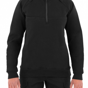 A woman is wearing a black sweatshirt and black cargo pants