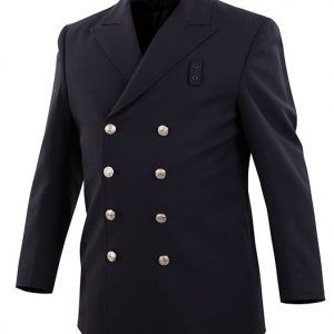 A black jacket with white buttons on the front