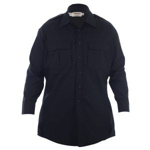 A black shirt with long sleeves and pockets on a white background