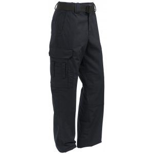 A pair of black cargo pants with a black belt on a white background.