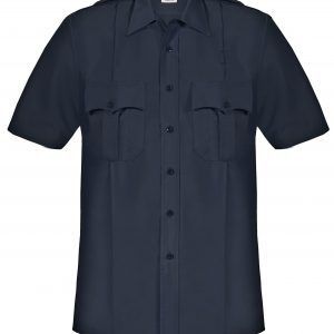 A blue shirt with short sleeves and pockets on a white background