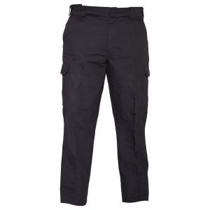 A pair of black cargo pants on a white background.