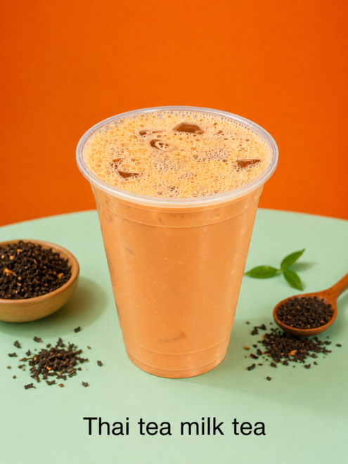 Thai tea milk tea in a clear plastic cup with frothy top on a mint background, with tea leaves and spices nearby