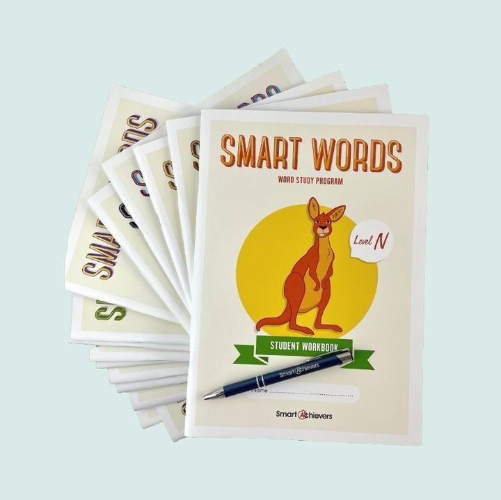 A stack of smart words books with a kangaroo on the cover