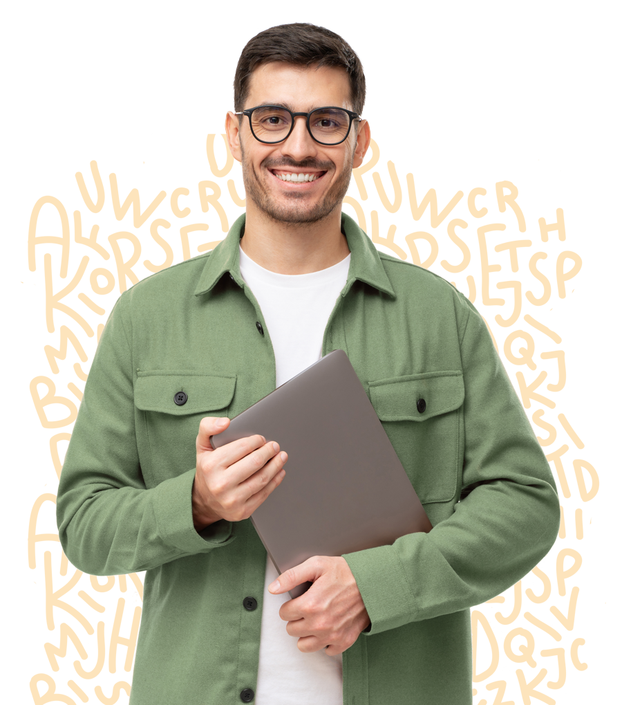 A man in a green shirt is holding a laptop. Smart Achievers