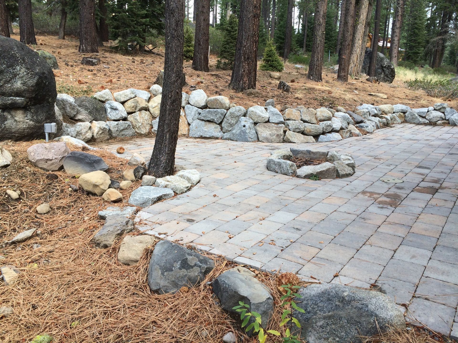 A brick patio with a fire pit in the middle of the woods.
