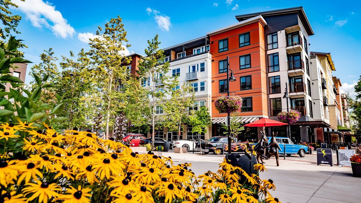 A city street with a building in the background and flowers in the foreground.