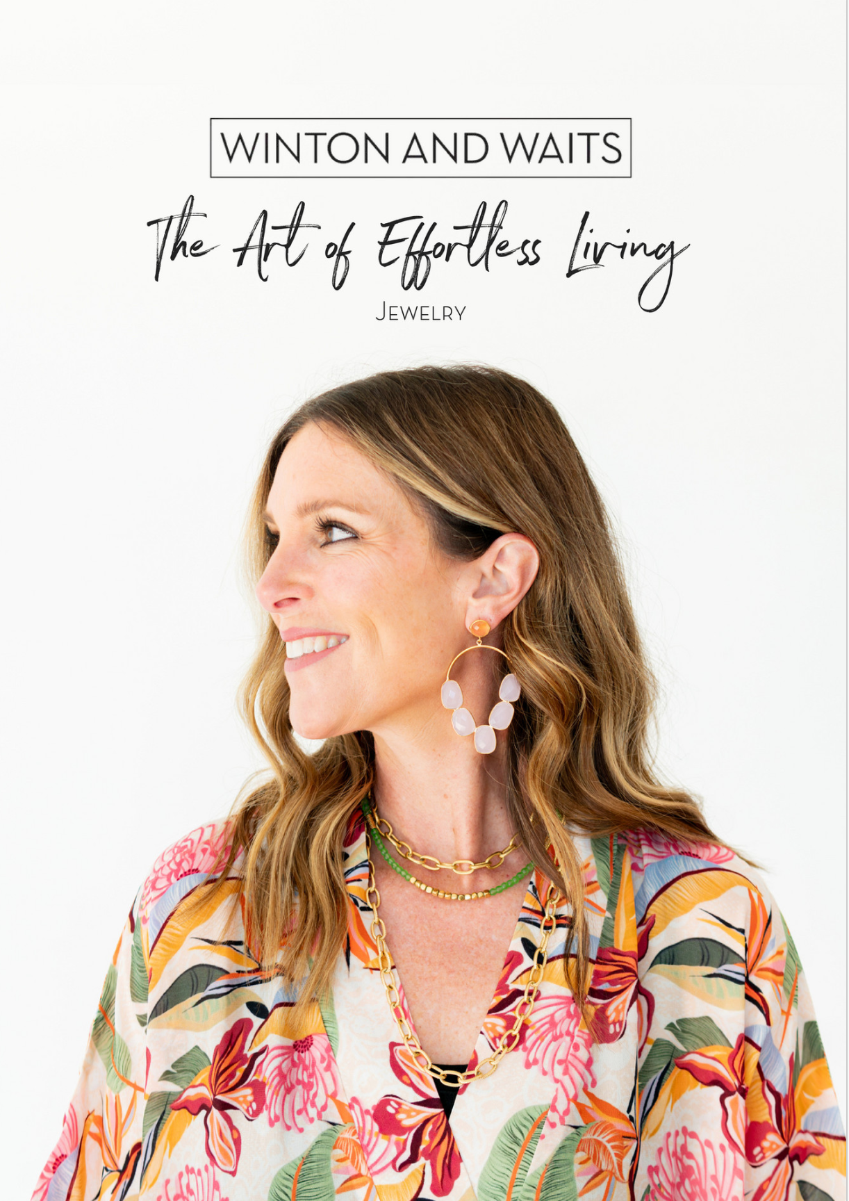 A woman wearing a floral shirt with the words winton and waits on it