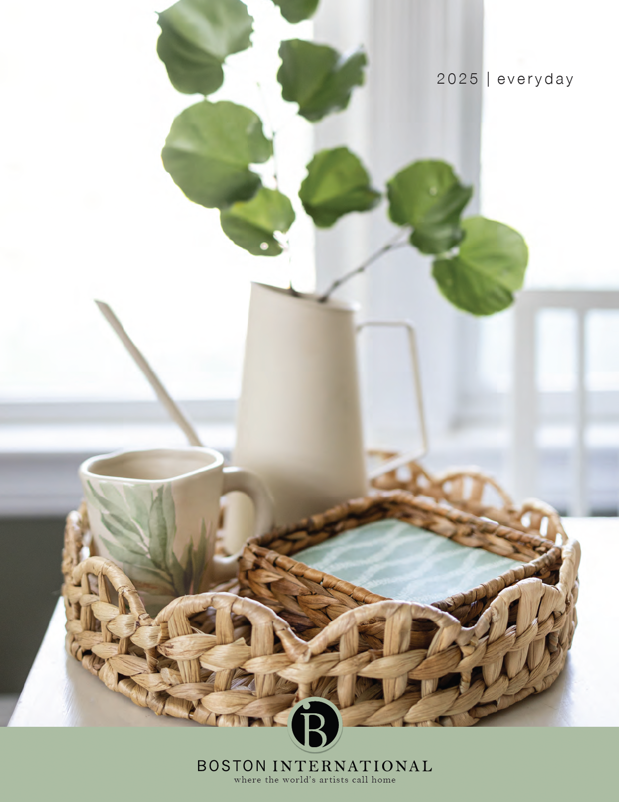 A wicker tray with a pitcher and a cup on it