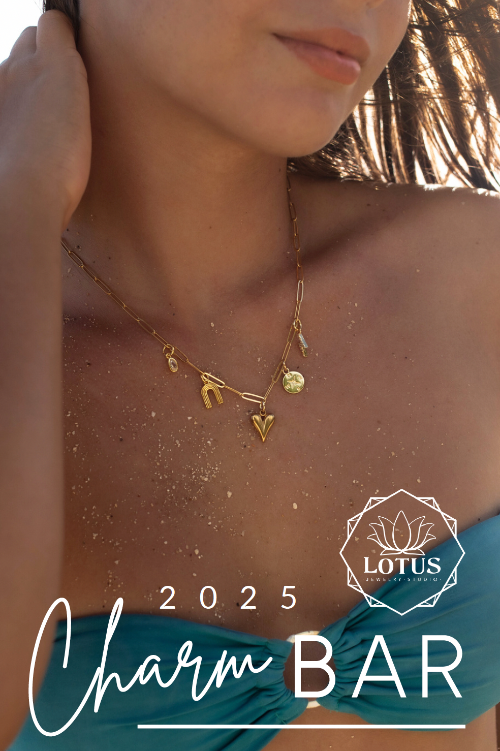 A woman is wearing a charm bar necklace