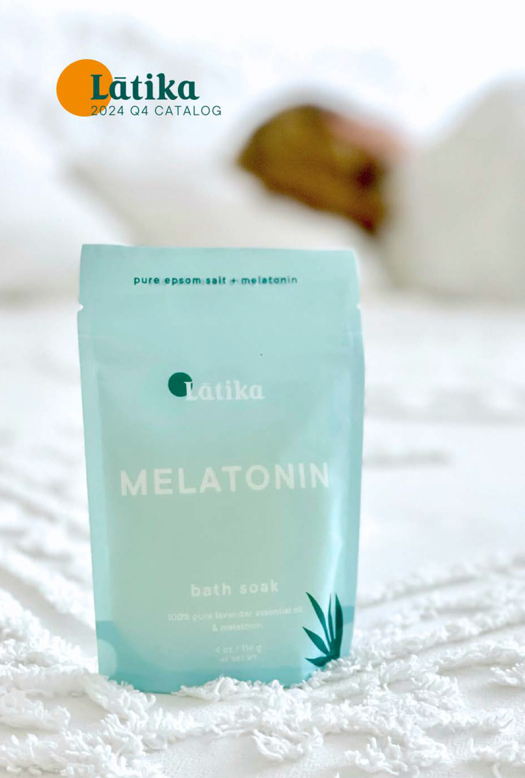 A blue bag of melatonin sits on a bed