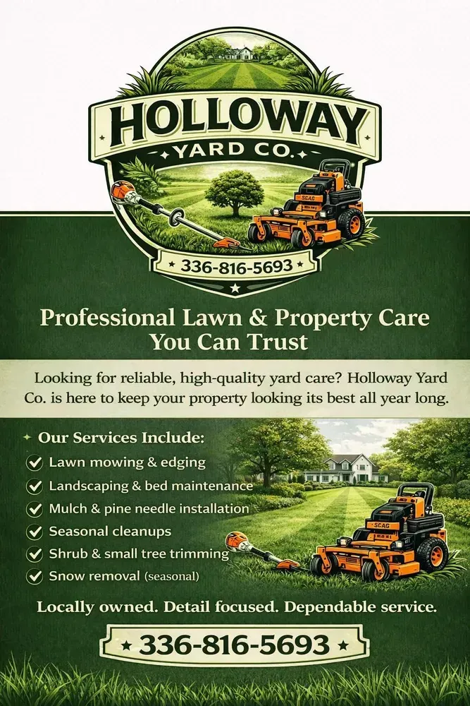Holloway Yard Co. lawn and property care ad with green logo, mower, services list, and phone number 336-816-5693