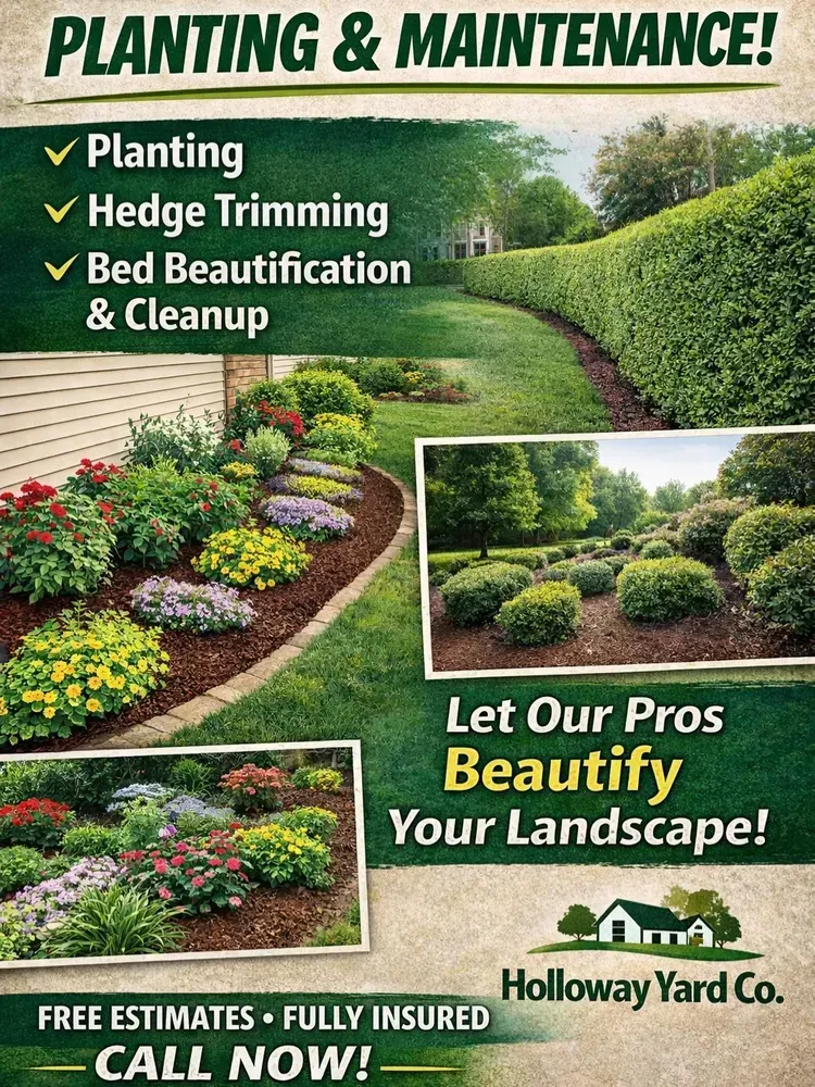 Lush landscaping service ad with planting, hedge trimming, bed beautification, cleanup, and free estimates.