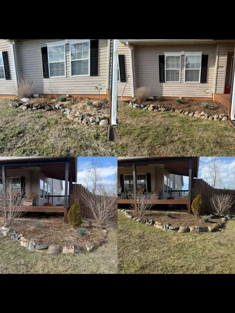 Before-and-after view of a front yard with rocks and shrubs around a house porch and windows.