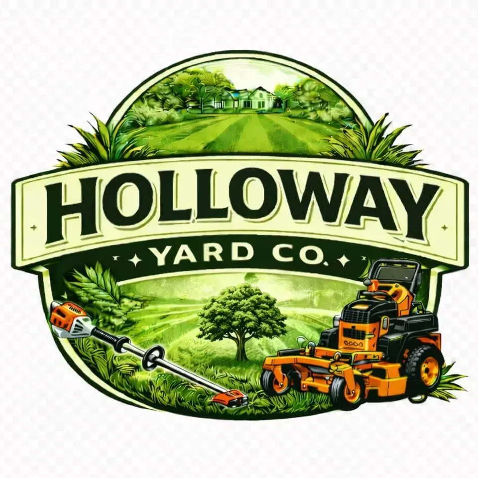Holloway Yard Co. logo with green landscape, lawn mower, and trimmer attachments