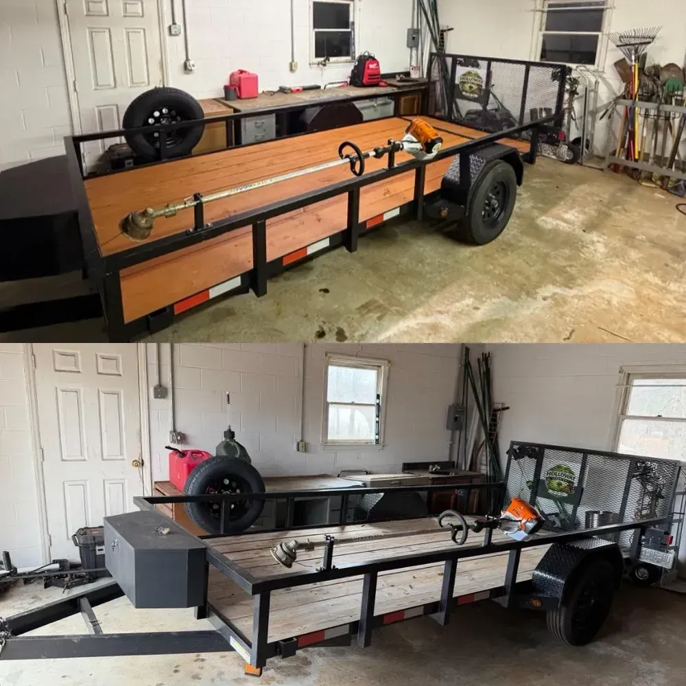 Two views of a black trailer with wood side panels in a garage, before and after a custom build.