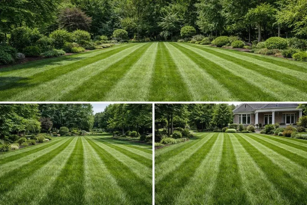 Striped green lawn with neatly mowed grass in a landscaped yard, shown from three angles